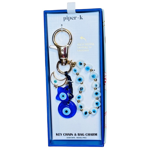 Piper K Evil Eye Bag Charm & Keychain – Blue Beaded Protection Amulet Clip - Picture 1 of 6